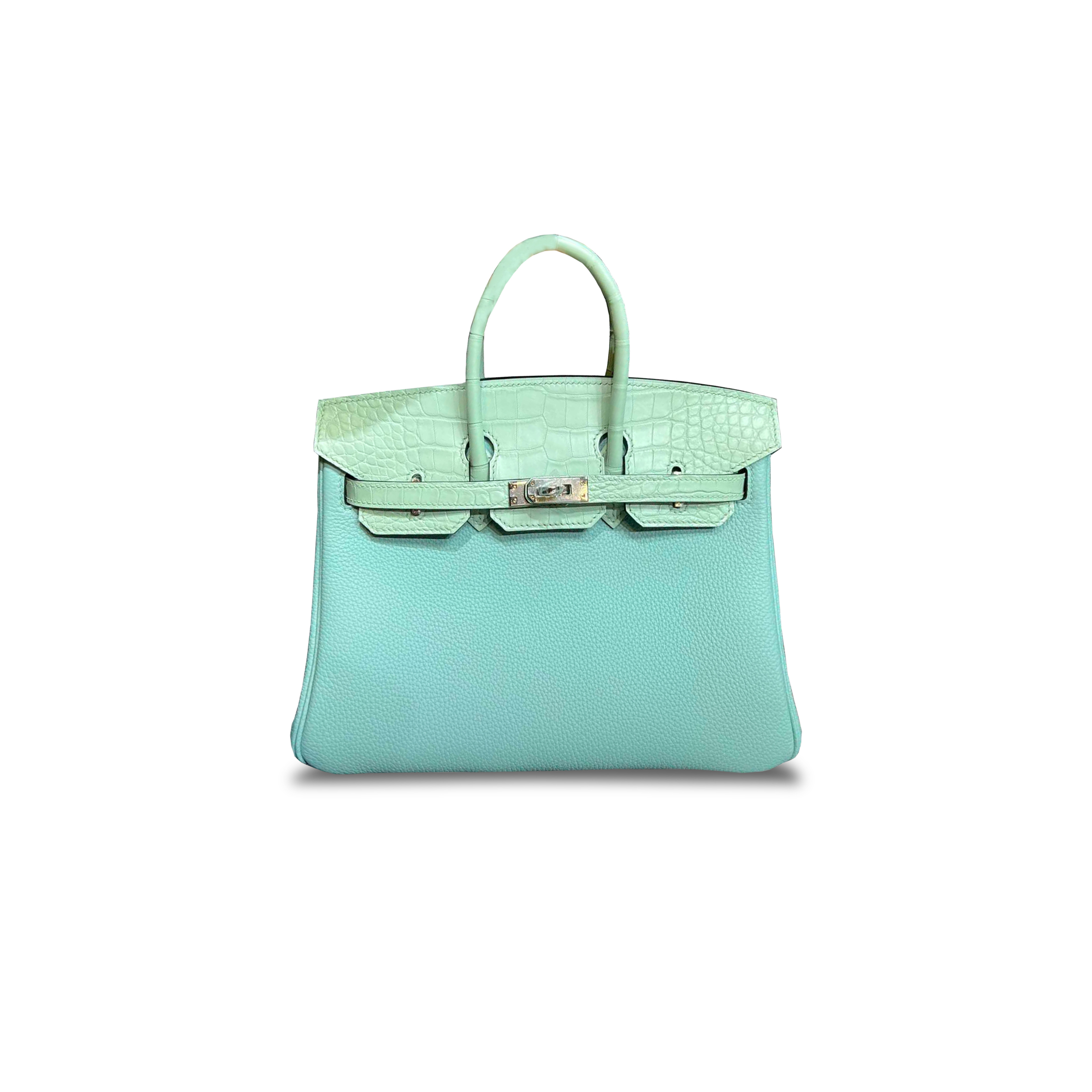 HERMÈS MASTER BIRKIN 25 CROCODILE AND TOGO LEATHER MACAROON BLUE SILVER BUCKLE H076216CK13 (25*20*13cm)